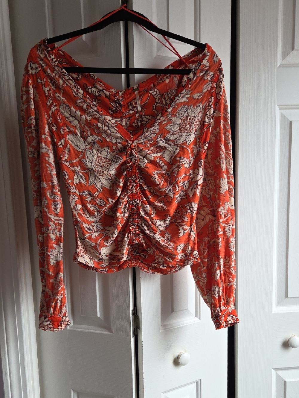 Free People Ruched Floral Long-Sleeve Blouse in Orange